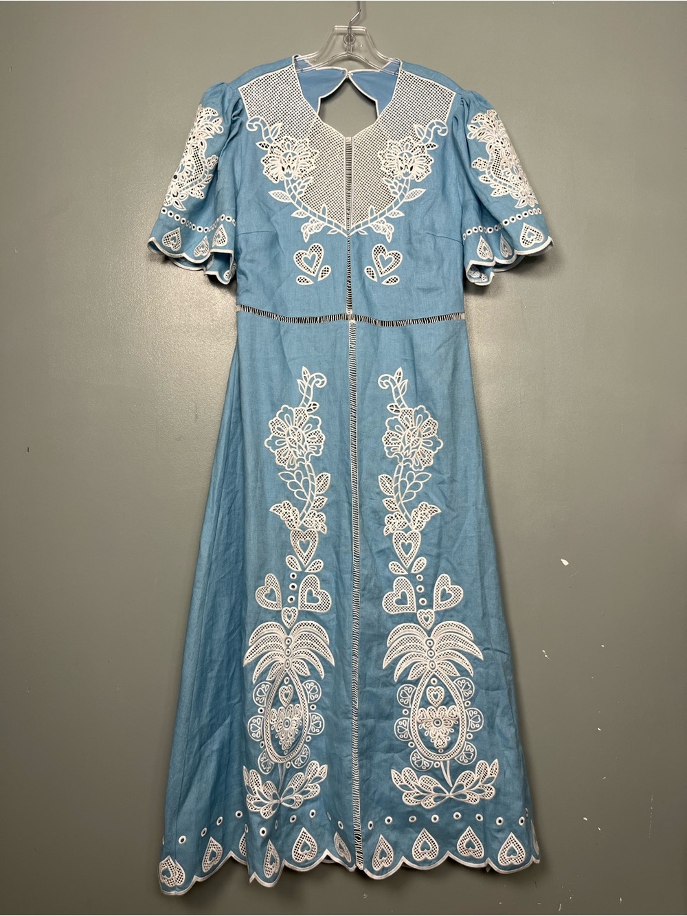 FARM Rio NWT Light Blue Linen Embroidery Short Sleeve Midi Dress Women’s Size XL - Picture 2 of 12